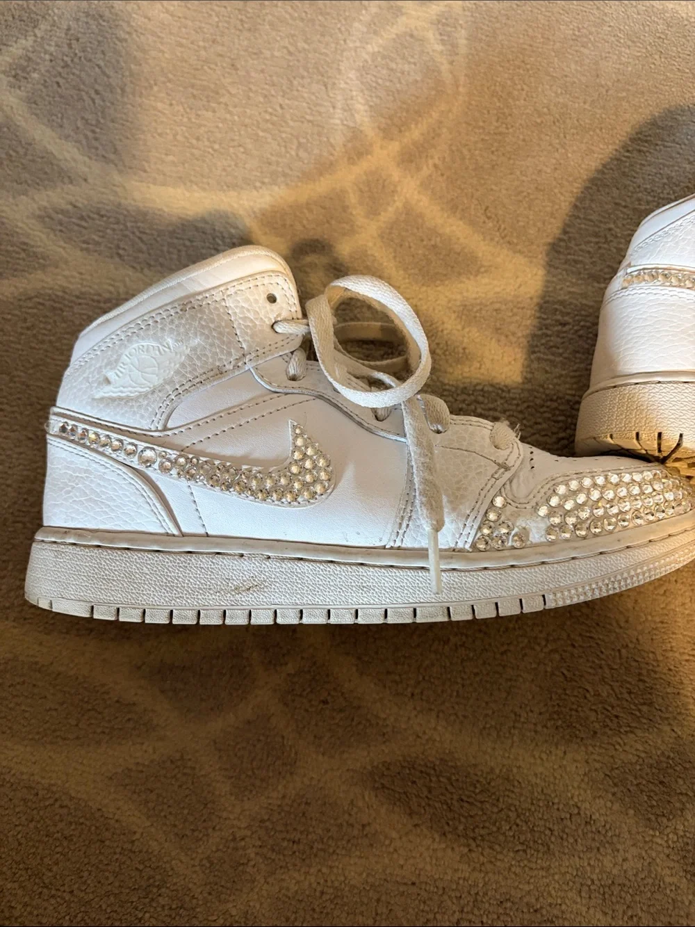 Nike Kids White Mid-Top Sneakers with Rhinestone Swoosh